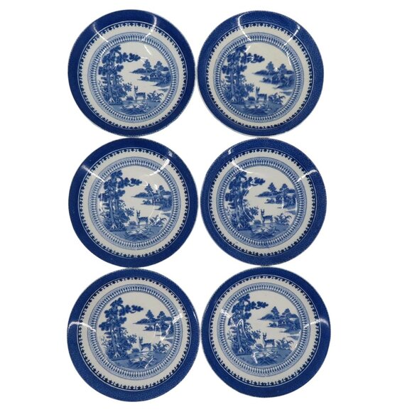 VTG Booths Lowestoft Deer 658322 Lot of 6 Saucers 5.75in Blue White England - Picture 1 of 16